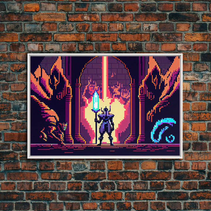 RPG pixel art, fantasy pixel art, Paladin Templar Art, synthwave style, framed canvas print, man cave art