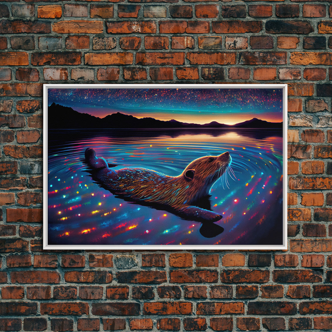 Cute beaver swimming at midnight, vaporwave aesthetic animal print art, starry night beaver, framed canvas print