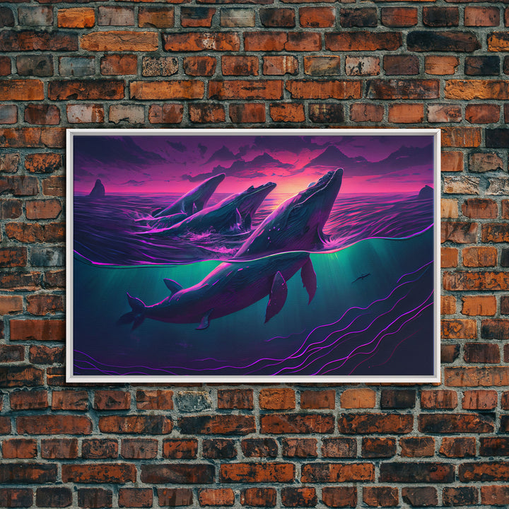 3 Blue Whales Breaching at Sunset, vaporwave synthwave ocean art, framed canvas print