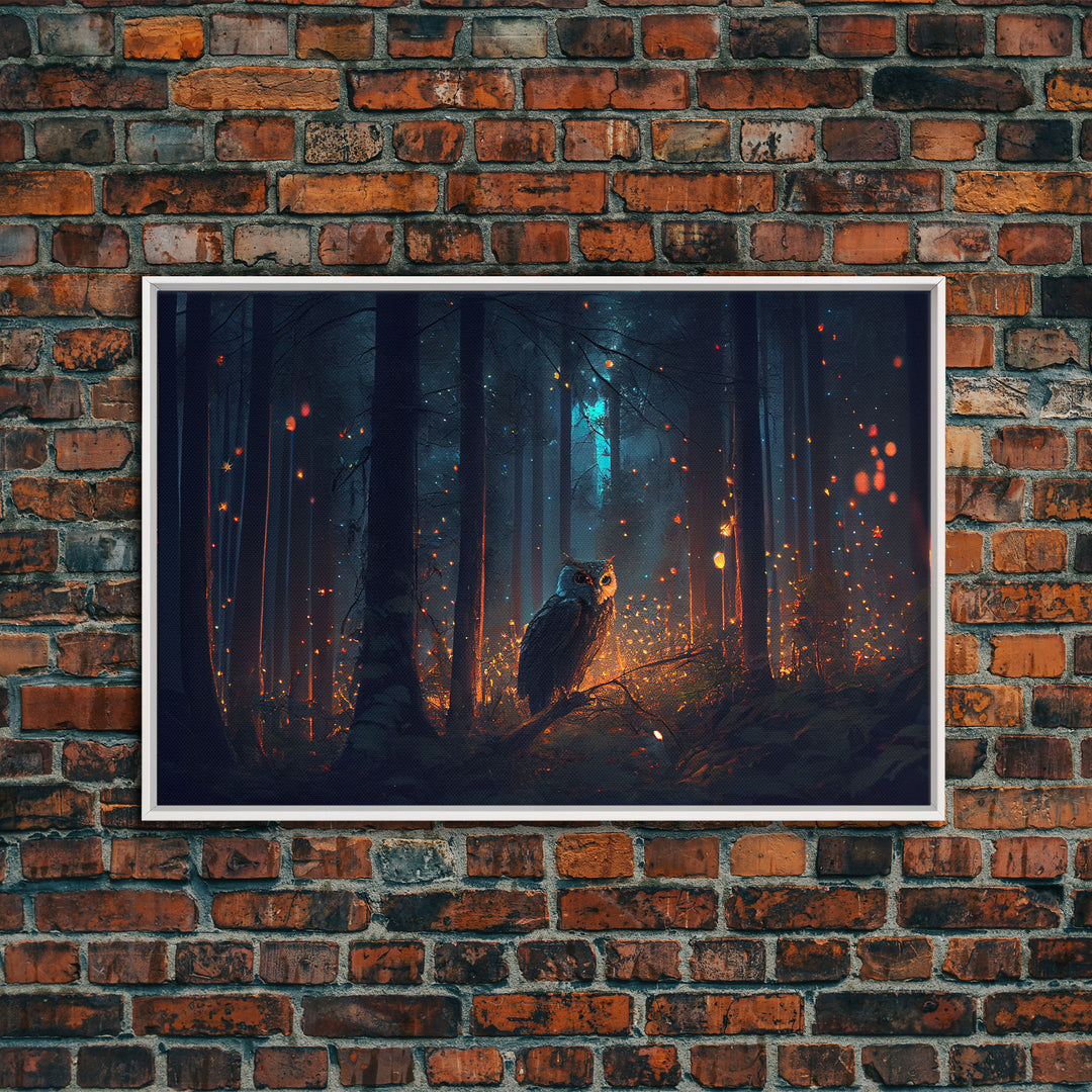 Fantasy forest art, Fireflies and the owl at midnight, framed canvas art, framed canvas print