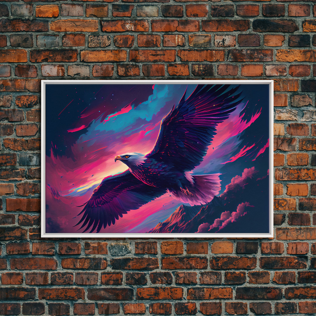 Bald eagle in flight, vaporwave aesthetic art, eagle against a pastel sunset sky, framed canvas art, framed print