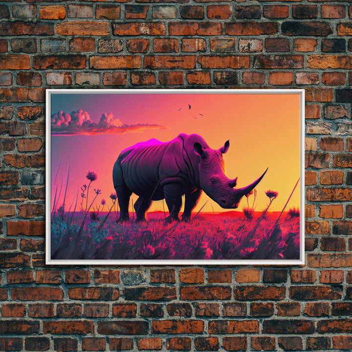 Rhino art, Pastel Rhinoceros at sunset, synthwave aniimal art, framed canvas art