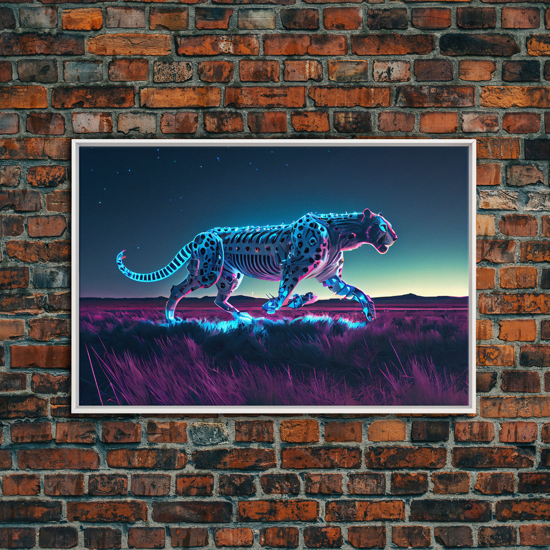 Robot Cheetah, Synthwave cyberpunk art, robot cheetah, framed canvas art, canvas print