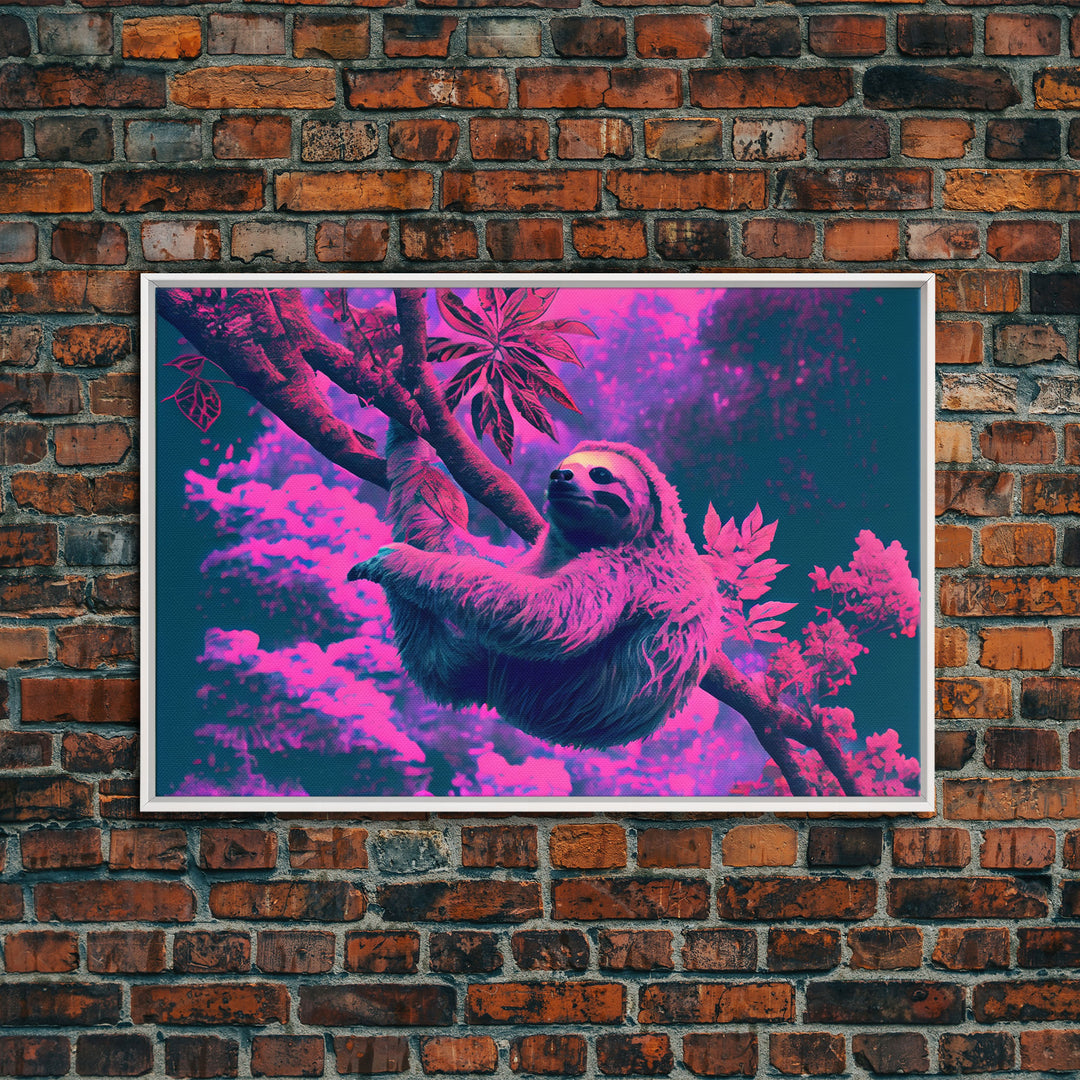 Sloth in a tree, synthwave retrowave animal print, framed canvas art