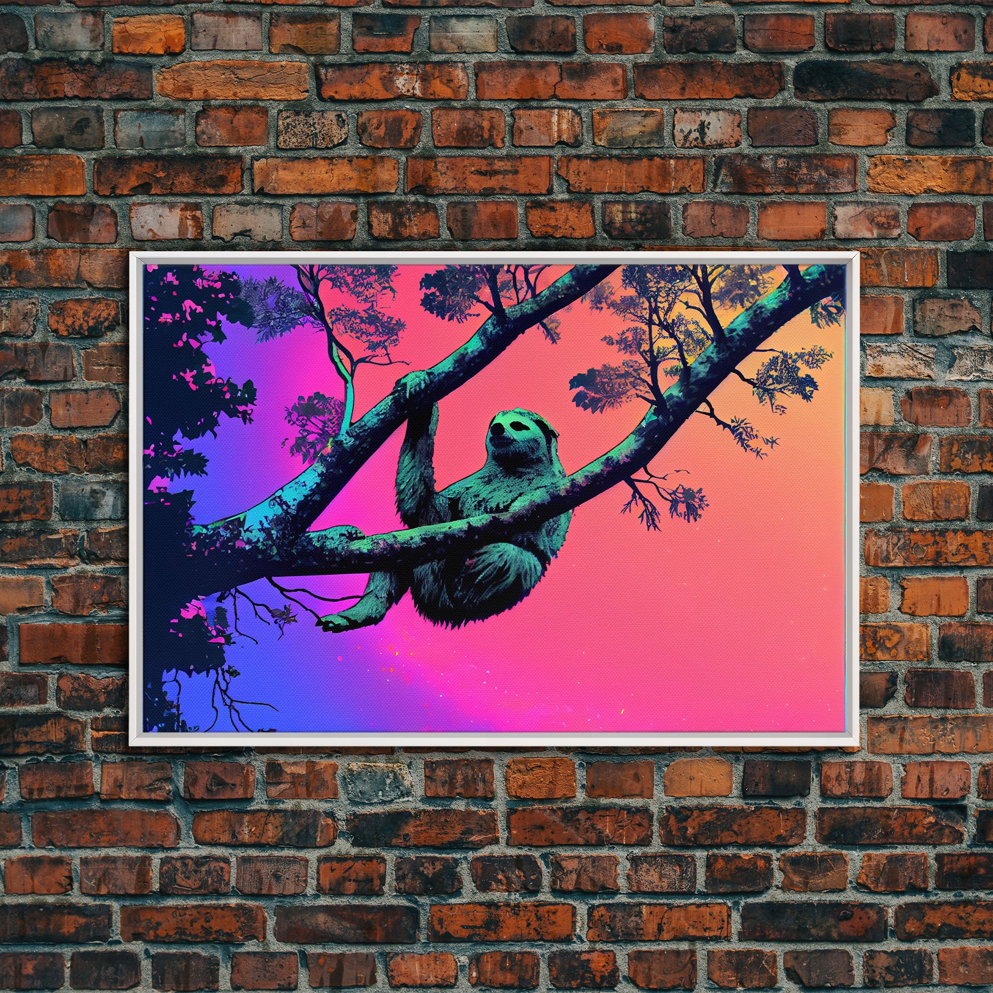 What a cool sloth man, vaporwave sloth art, framed canvas print, wall art with frame and a cool lookin' sloth