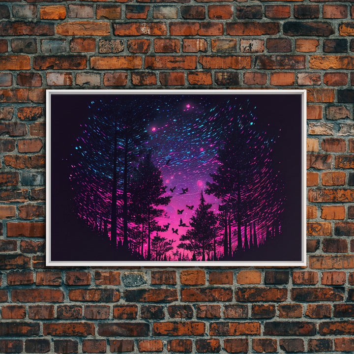 Synthwave Starry Night Time Lapse in a pine tree forest, framed canvas print, timelapse art