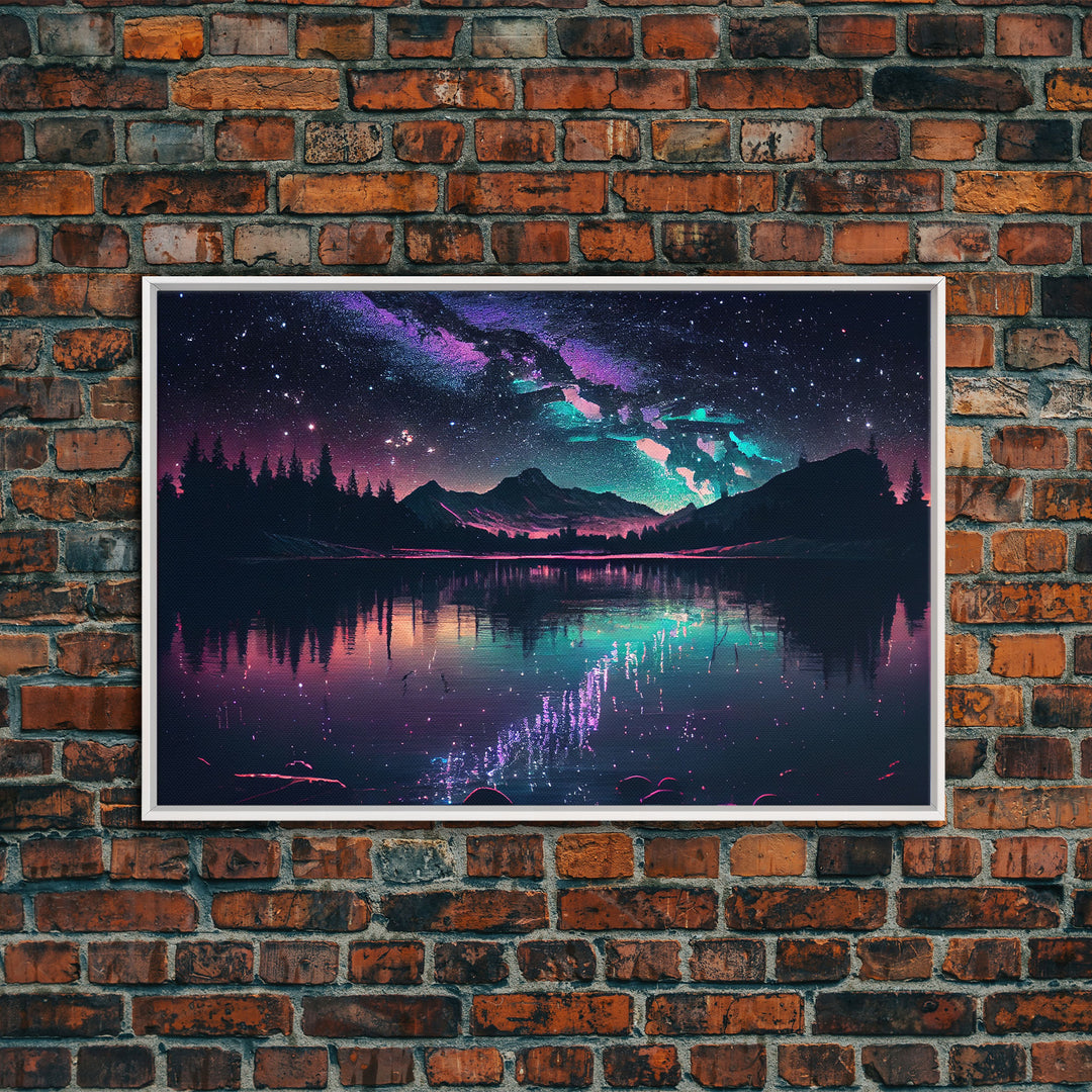 Vaporwave starry night over an Alaskan lake, Aurora borealis, framed canvas print, pastel nature art