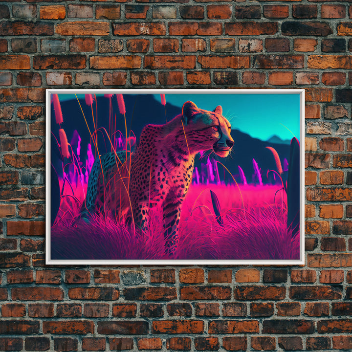 Cheetah on the hunt, vaporwave art, sunset hunter, framed canvas print, framed wall art