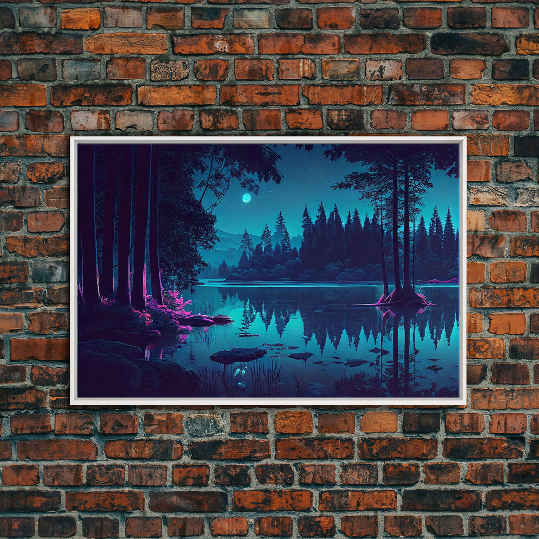 Vaporwave Full moon over the lake at midnight, framed canvas print, subdued art, watercolor painting print