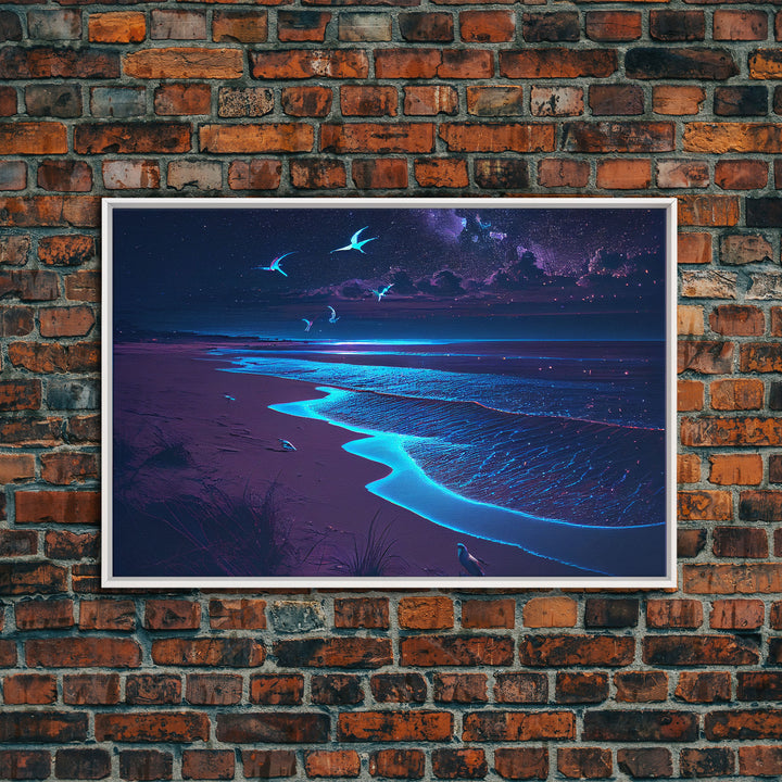 Vaporwave Starry night over a calm beach, watercolor, framed canvas print, synthwave wall art aesthetic