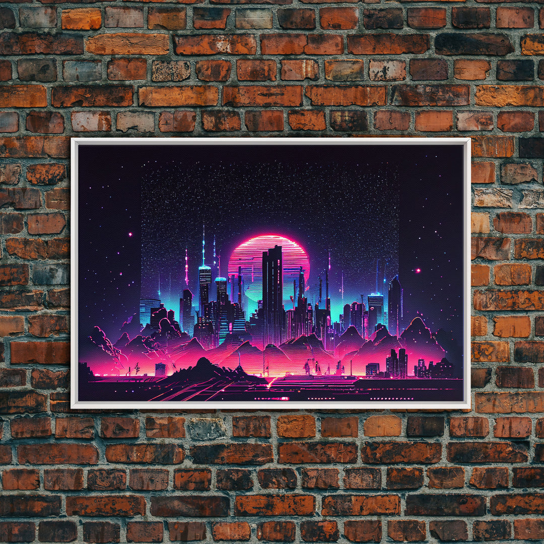 Vaporwave Cityscape Night Full Moon Purple Wall Poster, Fine Art Print, Wall Decor, Wall Art Print