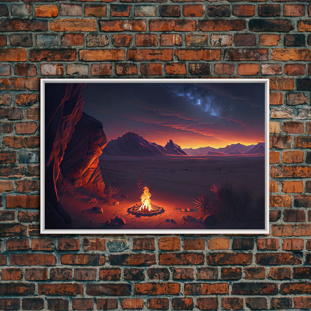 Watercolor of a prehistoric campfire, primitive art, framed canvas print