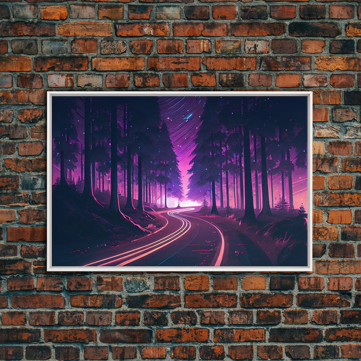 Northern Lights Purple Landscape Trees Road Swirling Stars Fine Art Print, Wall Decor, Wall Poster, Wall Art Print