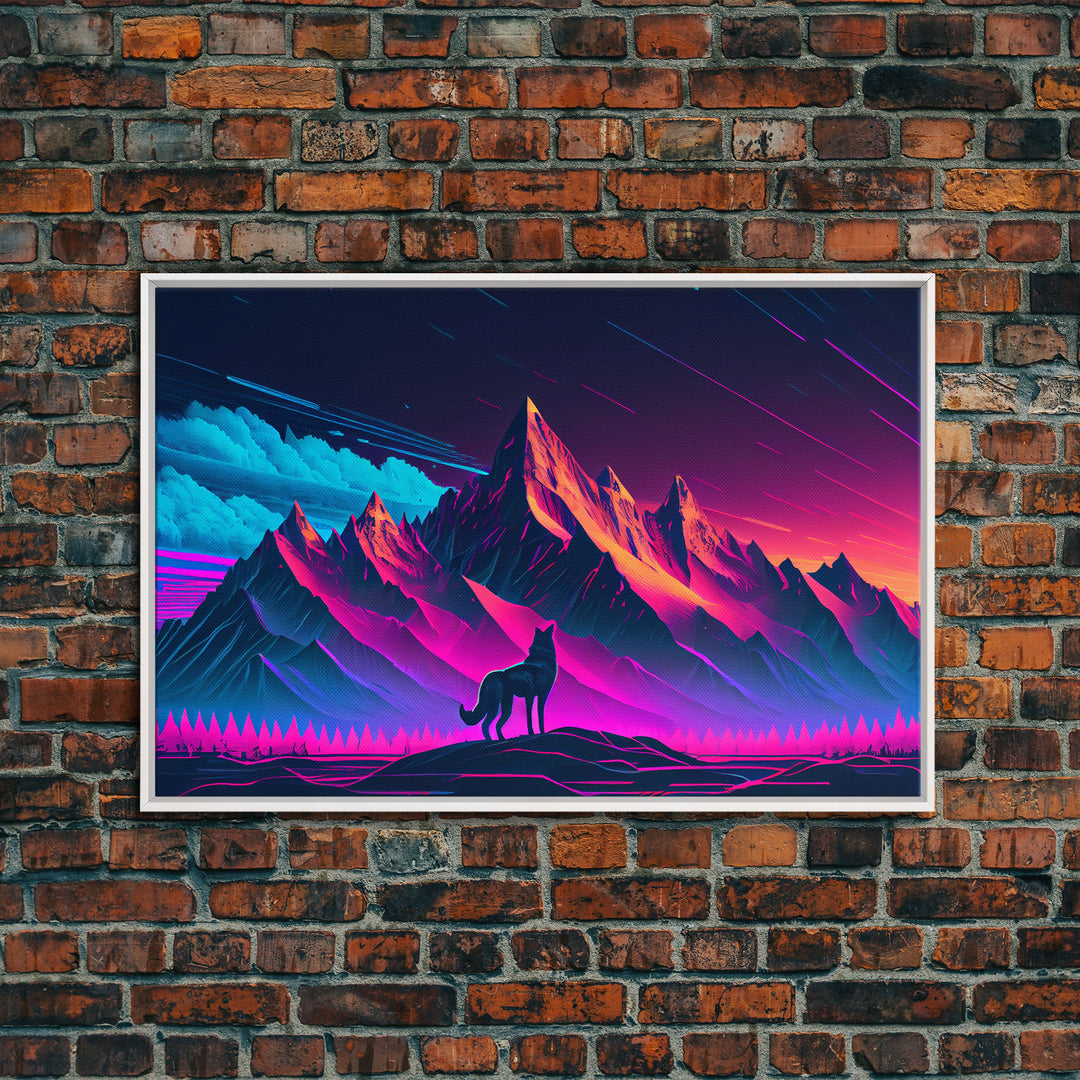 Retro style art, wolf looking on the mountains, framed canvas print, pastel art