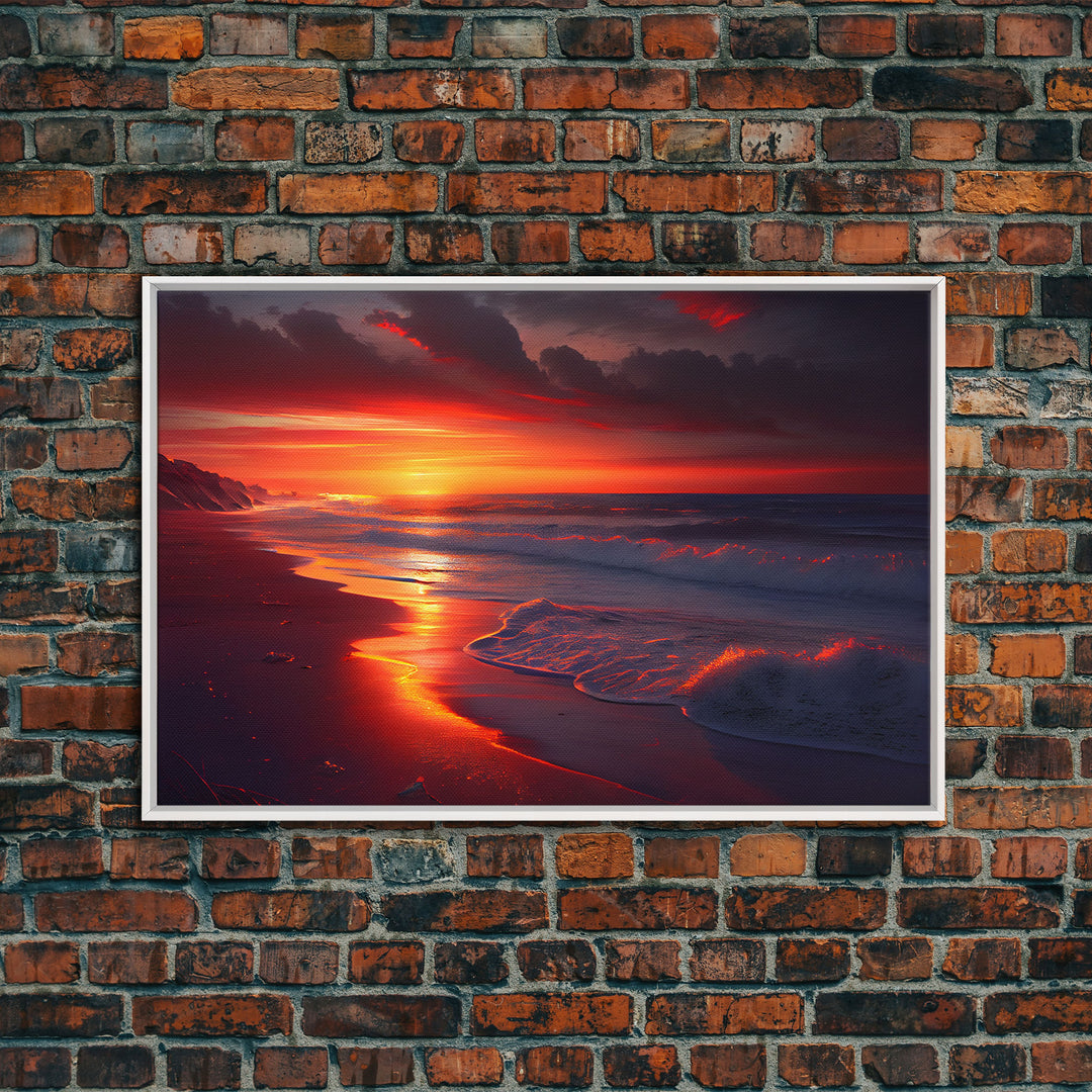 High tide slowly rolling in at sunset, beautiful beach art, framed canvas print