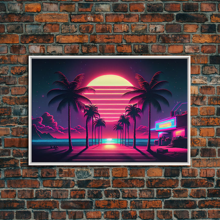 The Neon Boardwalk, Florida Synthwave Sunset, framed canvas print, retro style Miami vibes art