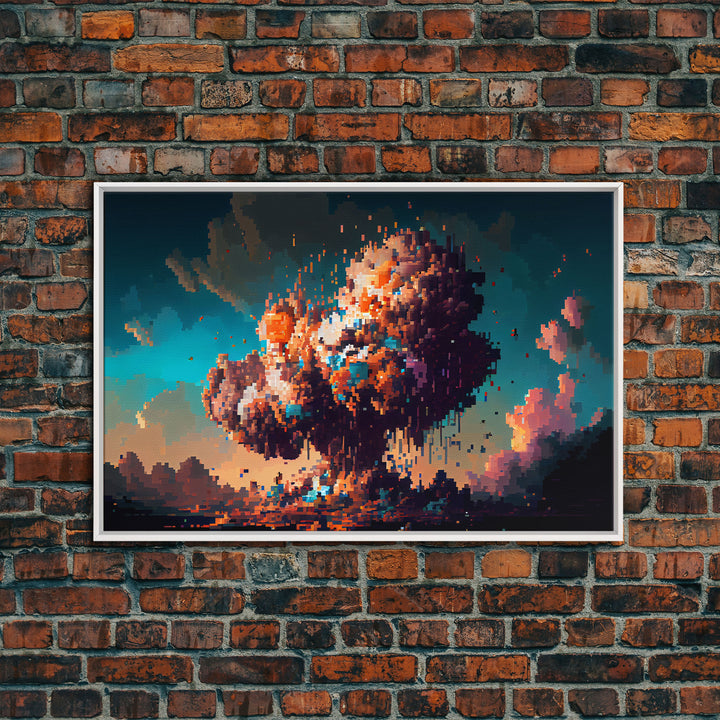 Pixel art atomic bomb, framed canvas print, pixel art explosion