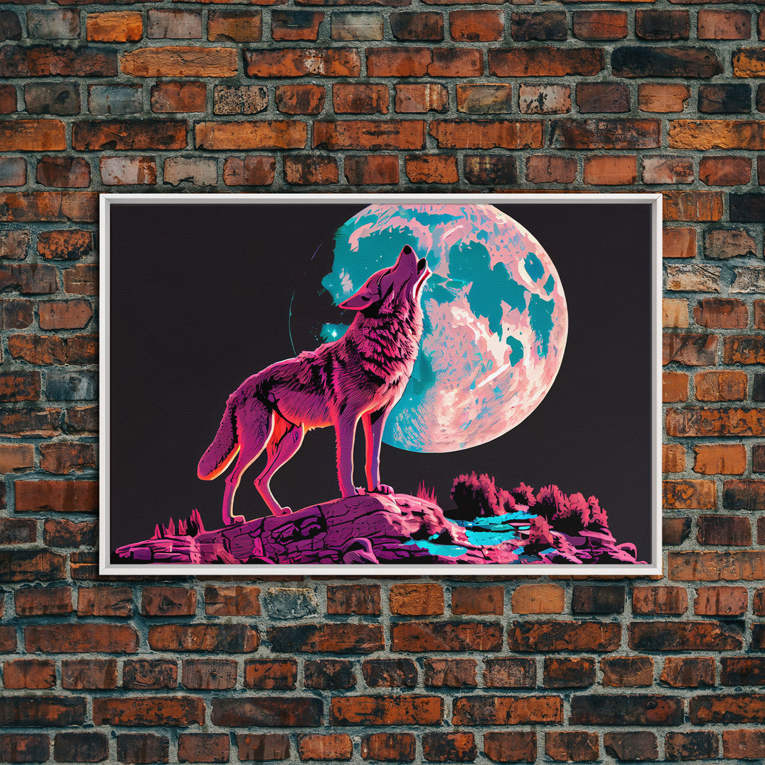 Howl at the moon, wolf art, framed canvas print, synthwave / vaporwave art