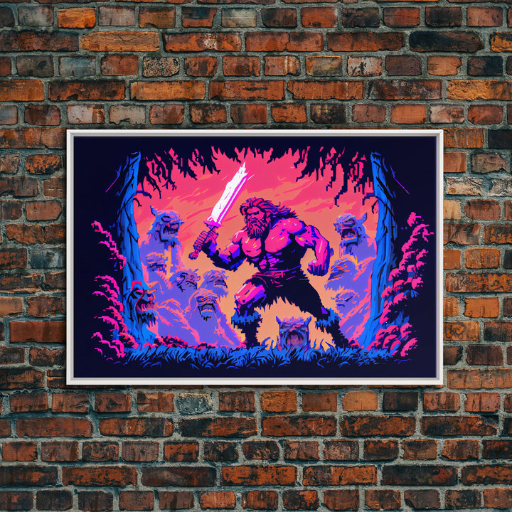 Barbarian pixel art, vaporwave RPG concept art, framed canvas print, synthwave tabletop art