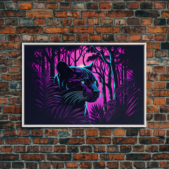 Vaporwave art,  framed canvas print, Jungle Panther synthwave portrait