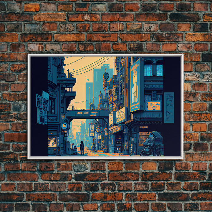 8 bit pixel art cyber punk city, video game concept art, framed canvas print, game room art