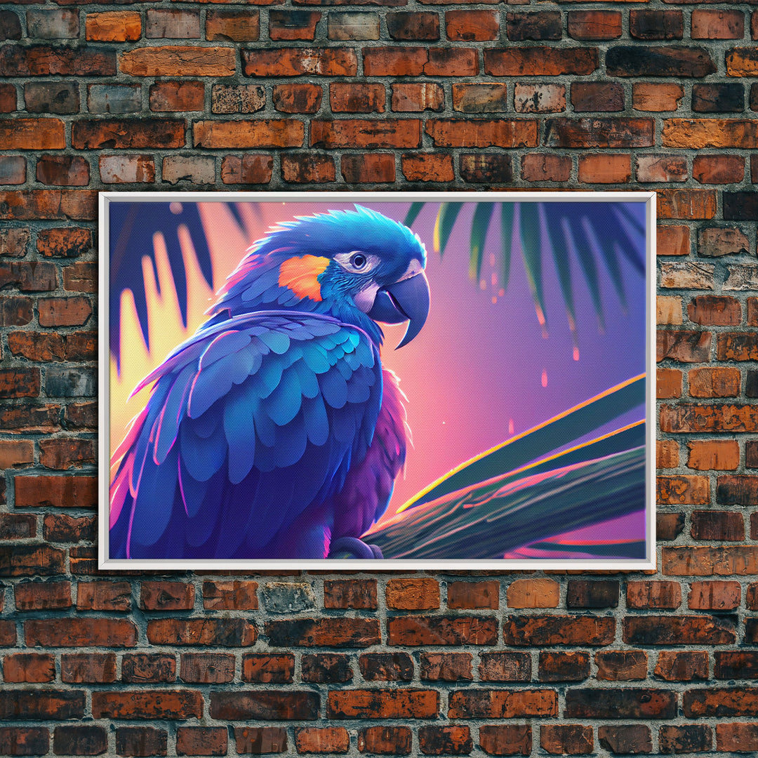 Tropical Blue Parrot, Framed canvas print, beautiful wall art for vacation home, birds of paradise