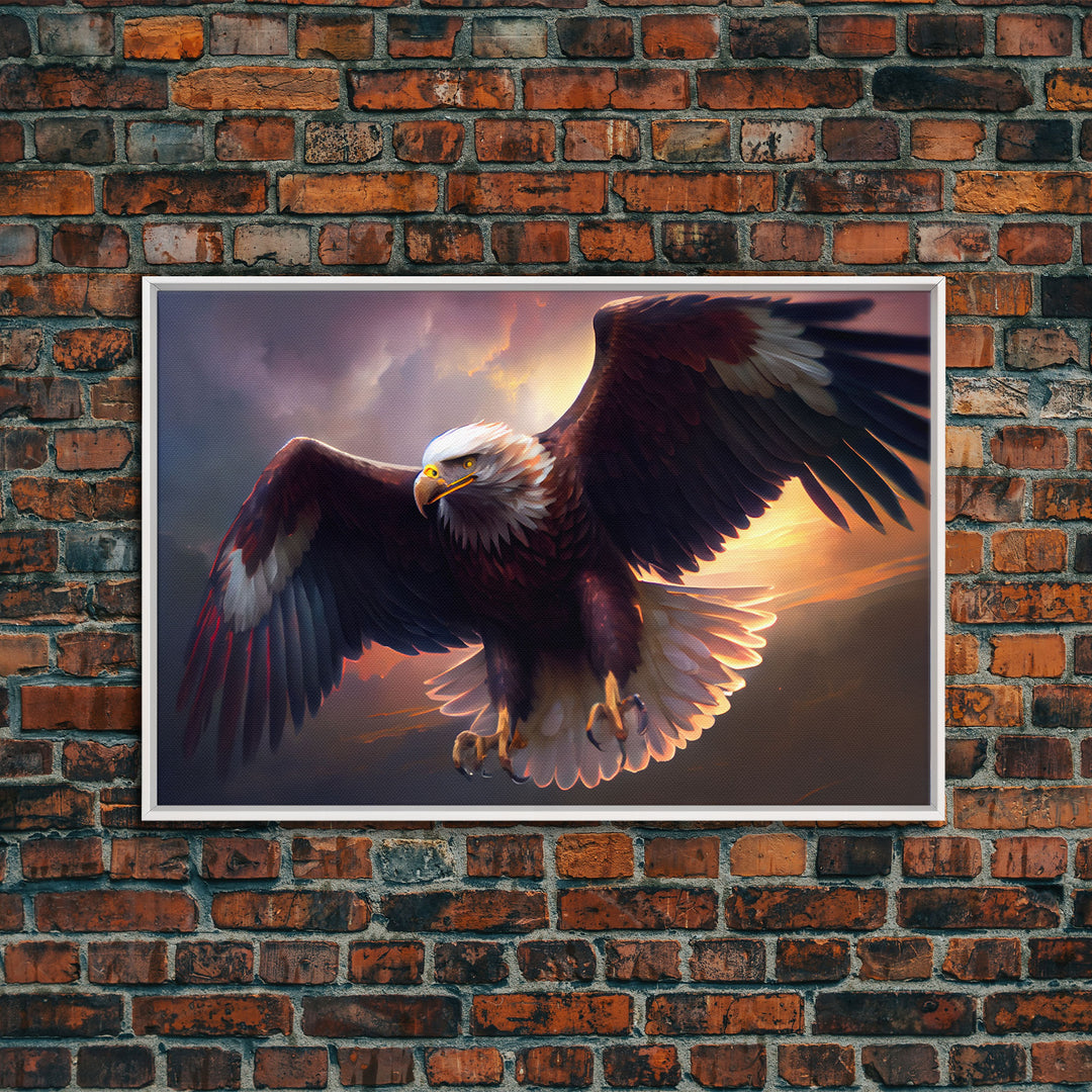 American Bald Eagle in Flight, watercolor, framed canvas print