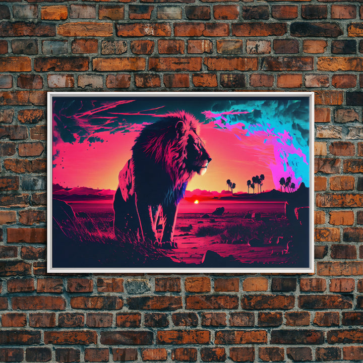 Synthwave style watercolor painting of an African lion, framed canvas print, colorful living room wall art