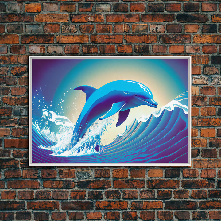 Dolphin riding a wave, cute animal prints, vaporwave animal art, framed canvas print