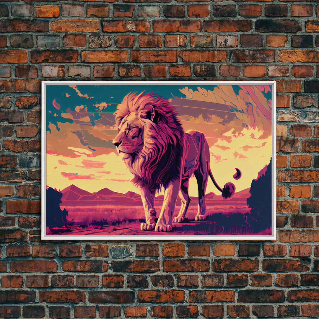 Retrowave watercolor painting of an African Lion, framed canvas print, unique large format wall art