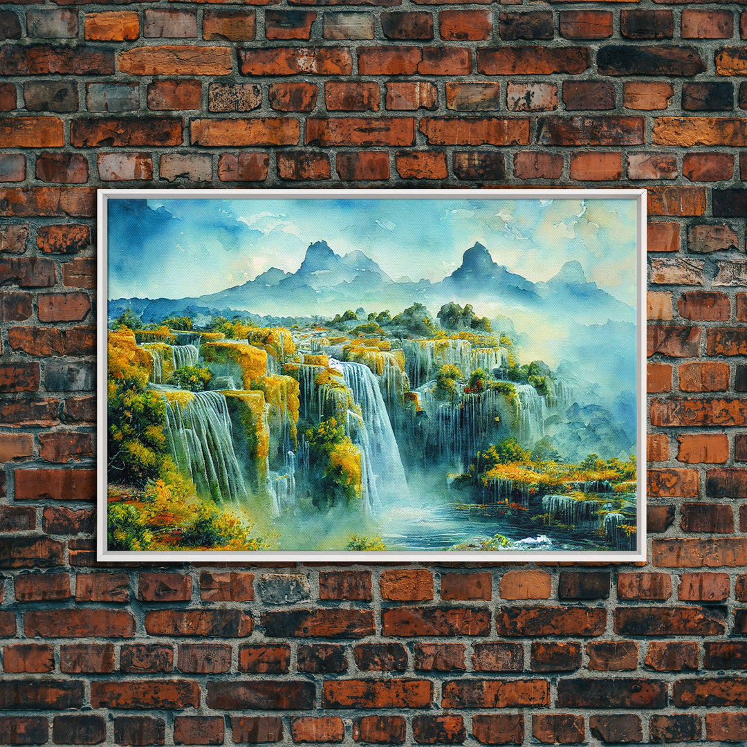 Water color painting of beautiful waterfalls, framed canvas print