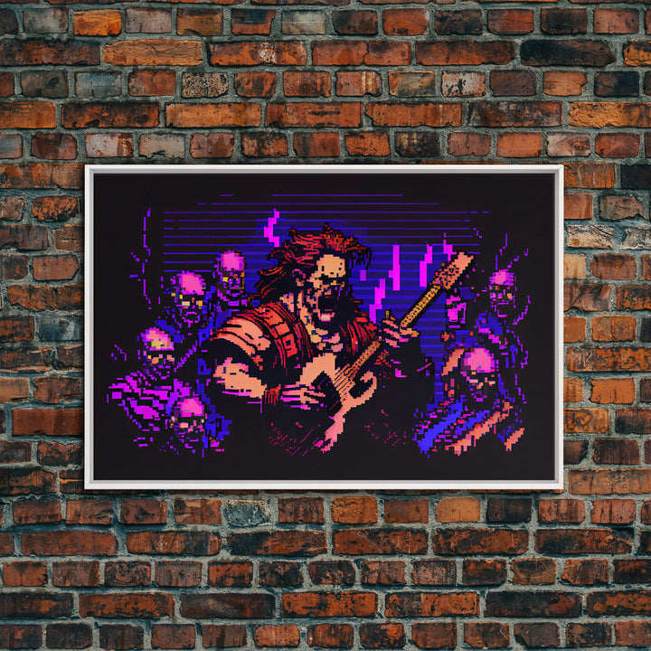 Human bard pixel art, vaporwave RPG concept art, framed canvas print, synthwave tabletop art