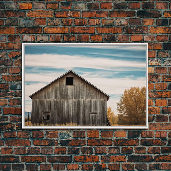 Rustic Farmhouse Wall Decor, Teal Gray Barn Landscape Art Print or Canvas, Country Living Room Wall Decor, Liminal Farmhouse Wall Art Print