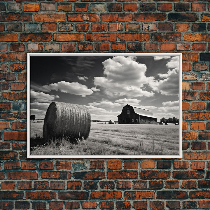 Black and White Photo Of a Barn and Hay Bail, Liminal Art, Country Decor, Farmhouse Style Art, Canvas Print