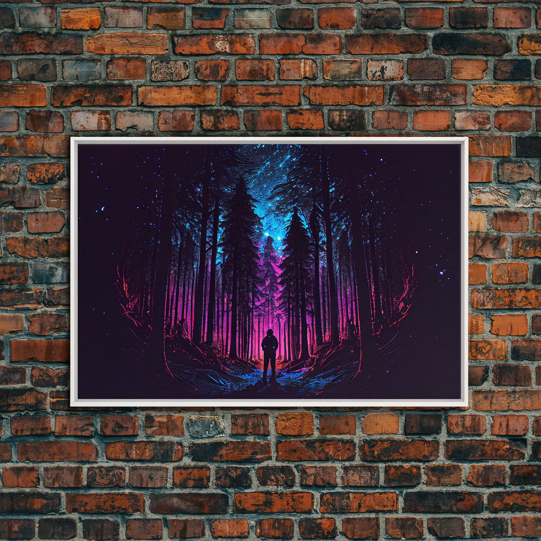 Contemplating the stars, vaporwave aesthetic, forest art, starry night, framed canvas print, outrun art