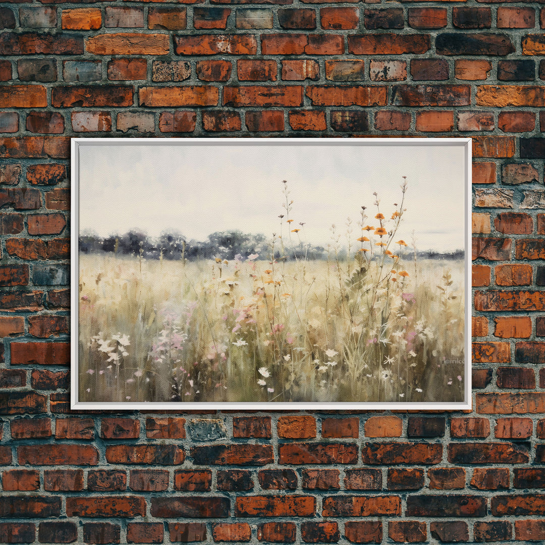 Rustic Country Wildflower Landscape Oil Painting Canvas Print Reproduction, Framed Wall Art, Rustic Farmhouse Decor, Gift For Her