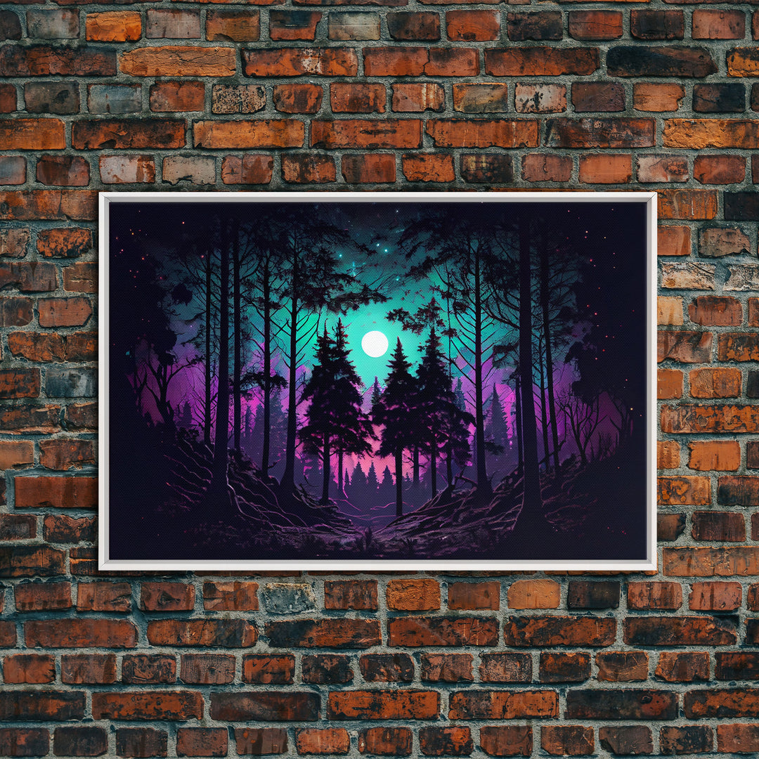 Fantasy forest art, full moon visible through the trees, framed canvas print, framed wall art