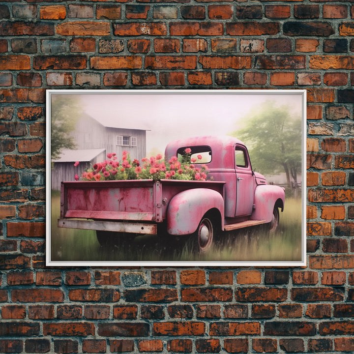 Old Pink Truck Used As a Flower Bed, Framed Canvas Print Or Poster, Rustic Farmhouse Decor, Primitive Art, Country Home Art