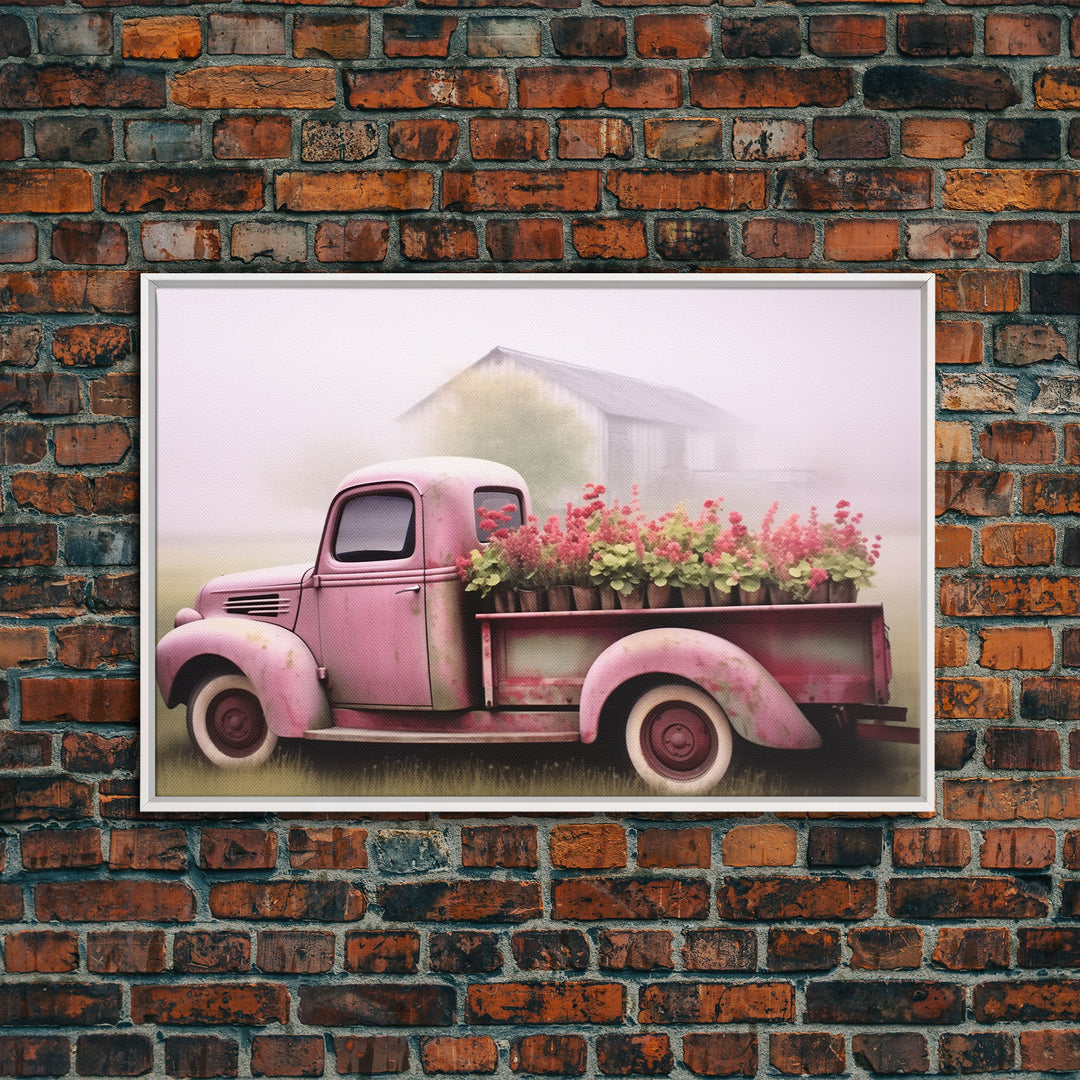 Framed Picture of old truck with beautiful flowers in bed of truck, farmhouse living, old barn, farmhouse distressed, framed canvas print