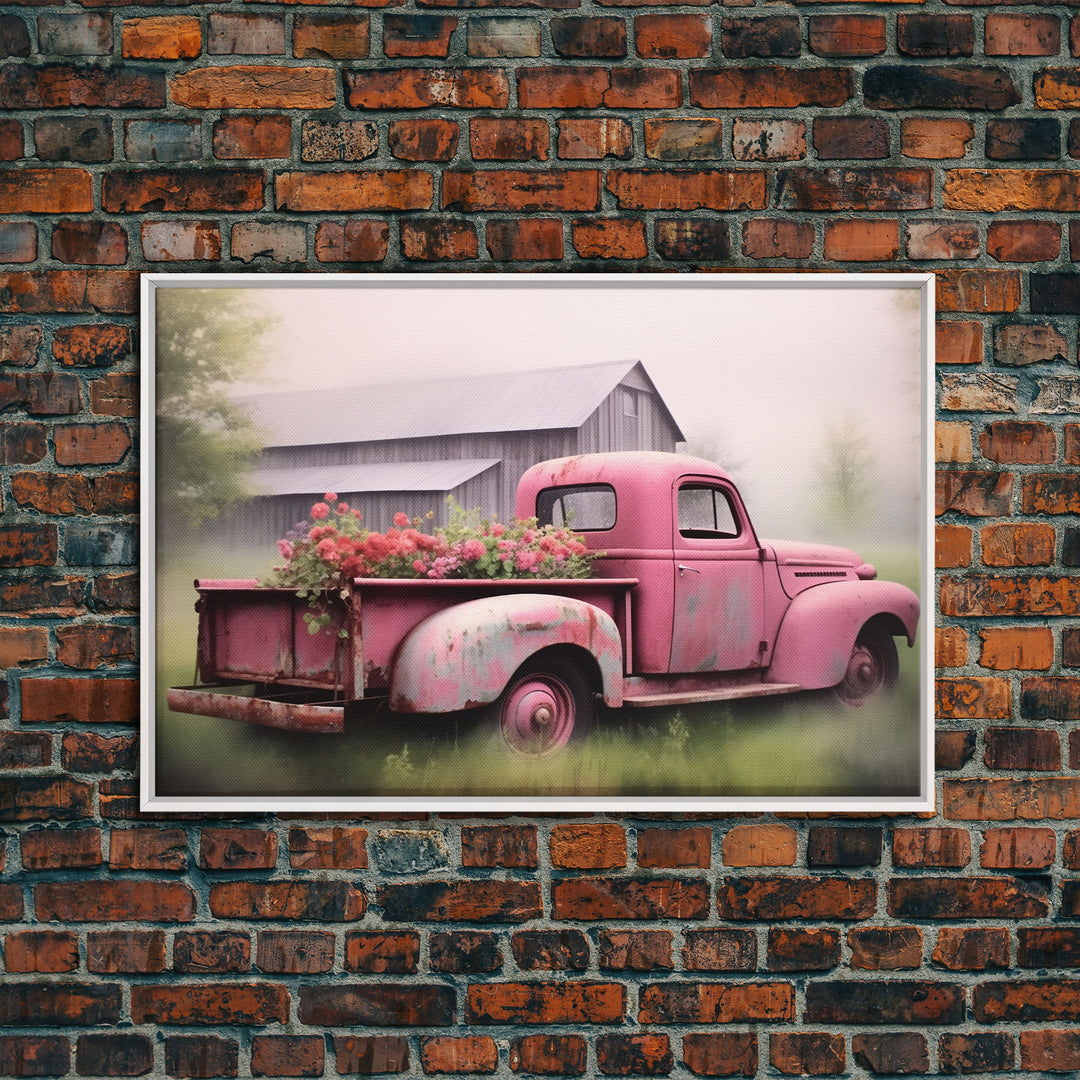 Framed Picture of old truck with beautiful flowers in bed of truck, farmhouse living, old barn, farmhouse distressed, framed canvas print