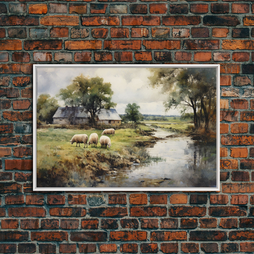 Sheep Grazing By The River, Vintage Art Canvas Print, Vintage Home Decor, Large Canvas Wall Art, Vintage Farmhouse Decor, Vintage Landscape