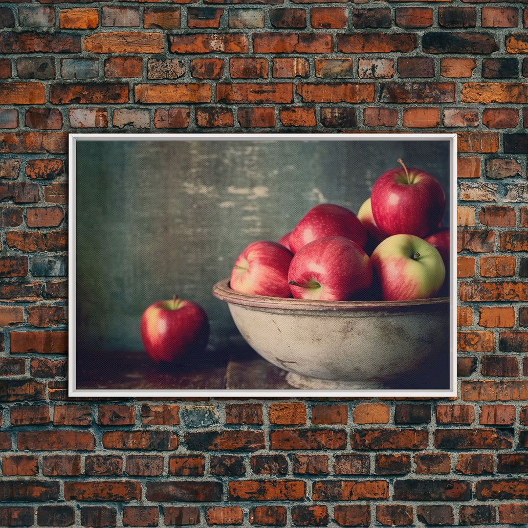 Primitive Kitchen Art, Framed Canvas Print, Still Life of Apples In A Rustic Bowl, Photography Print, Kitchen Decor, Country Kitchen