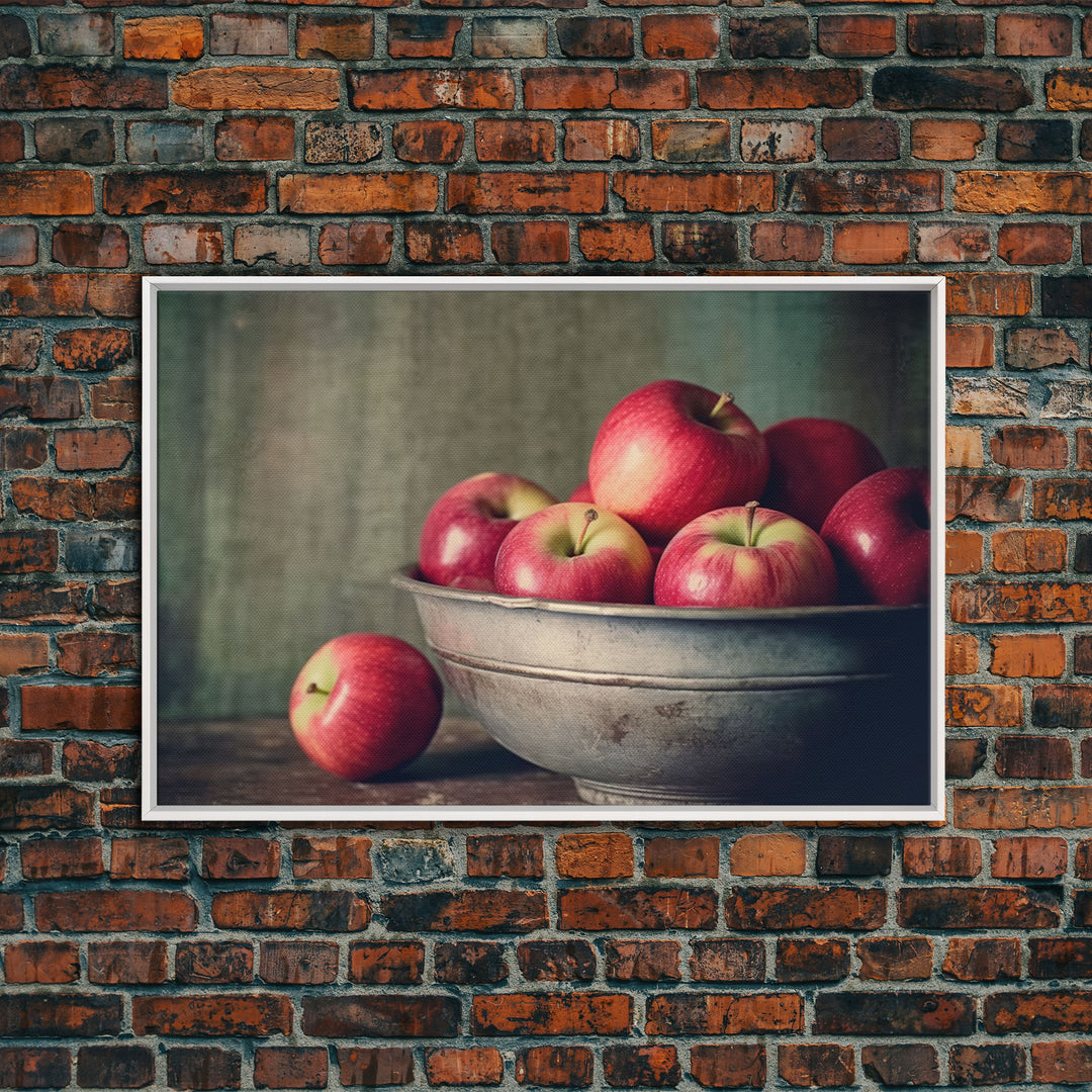 Farmhouse Kitchen Art, Framed Canvas Print, Still Life of Apples In A Rustic Bowl, Photography Print, Kitchen Decor, Rustic Country Kitchen