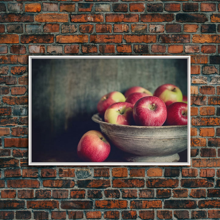 Farmhouse Kitchen Art, Framed Canvas Print, Still Life of Apples In A Rustic Bowl, Photography Print, Kitchen Decor, Rustic Country Kitchen