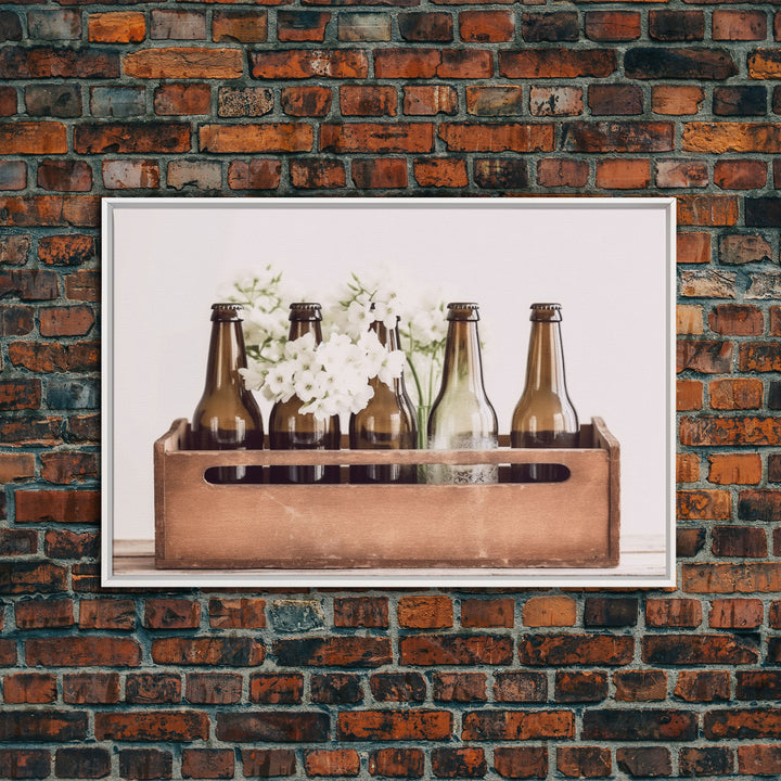 Primitive Kitchen Wall Art, Framed Canvas Print, Antique Bottles With White Flowers In A Wooden Crate, Still Life Kitchen Decor, Minimalist