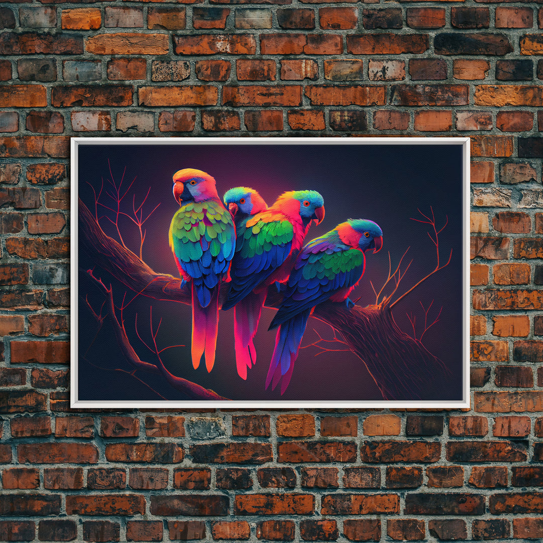 Tropical birds, vibrant and colorful animal print, parrots, framed canvas print, Framed wall art