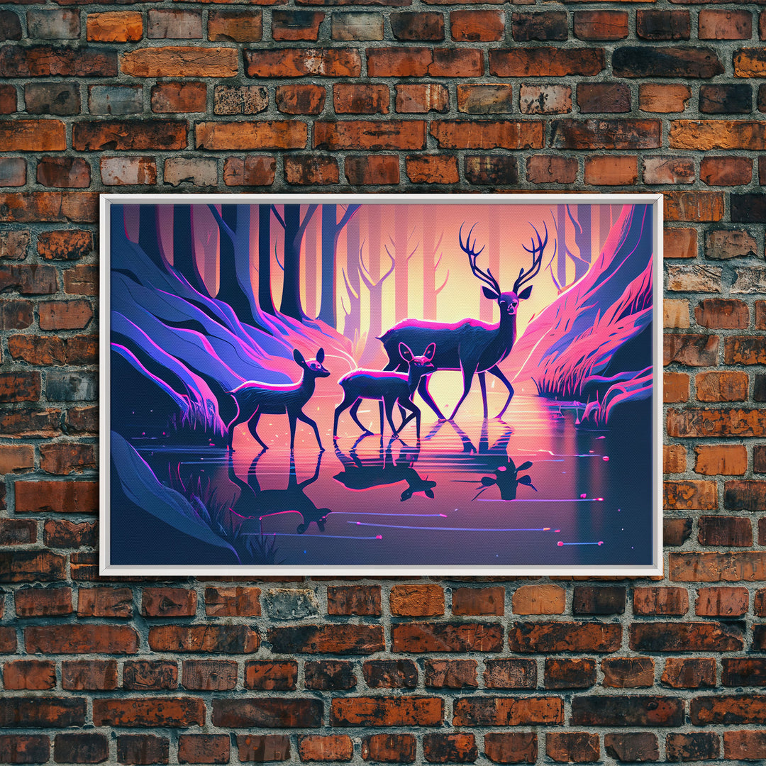 Vaporwave nature art, family of Deer in the forest, pastel art, framed canvas print, framed wall art