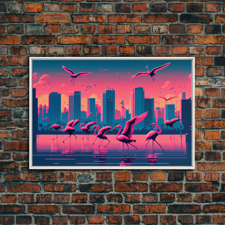 Pink Flamingos, Vaporwave aesthetic style art, framed canvas print, framed wall art