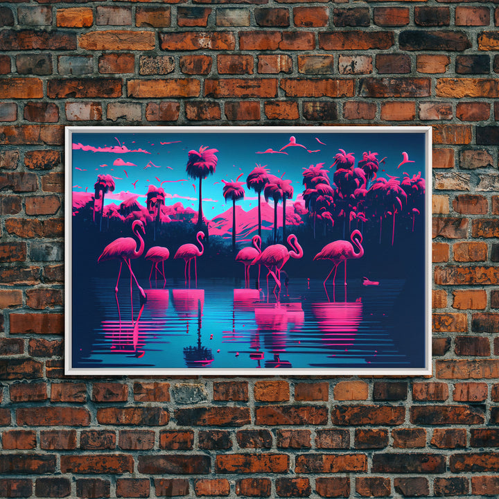 Reflections of Pink Flamingos, Vaporwave aesthetic style art, framed canvas print, framed wall art