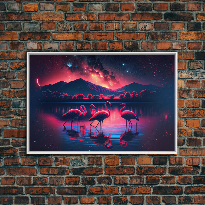 Pink Flamingos against a starry night sky, synthwave vibes, framed canvas print, framed art